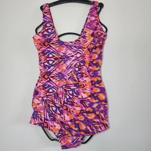 Marina West orange purple magenta swim suit multi color abstract print